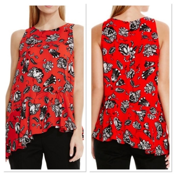 Vince Camuto Tops - Vince Camuto Red Flower Asymmetrical Blouse |